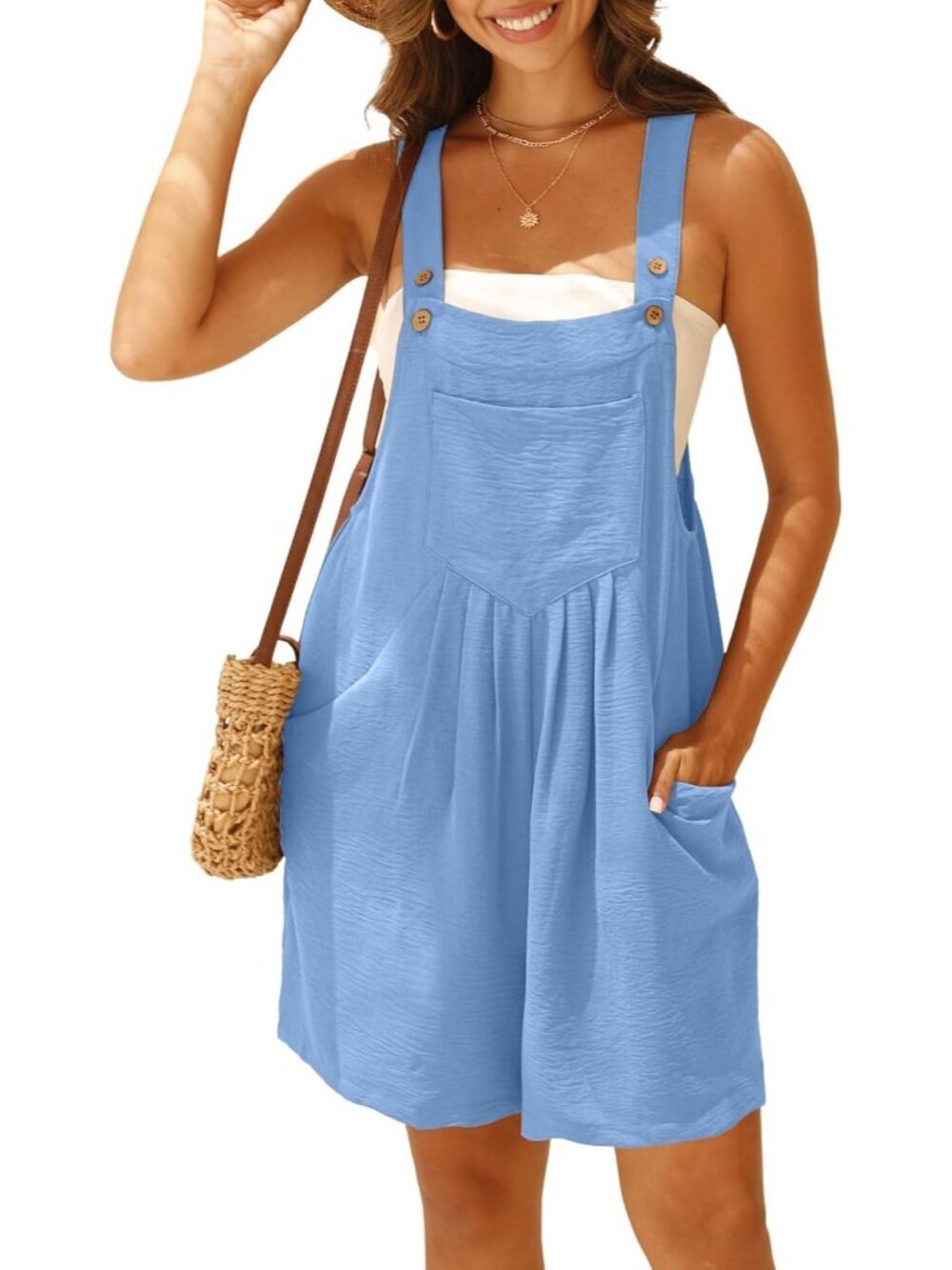 Women's Blue Rompers Summer Wide Leg Shorts Overalls Adjustable Strap Bib